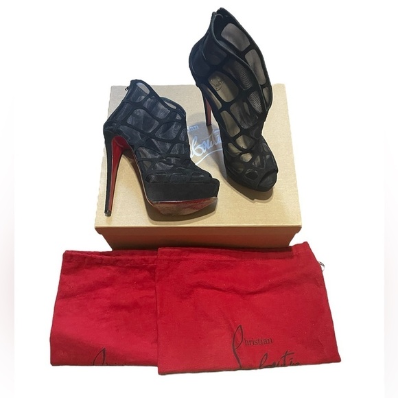 Christian Louboutin Mesh Altarakna 150 Black Suede Platform High Heeled Booties - Picture 2 of 9